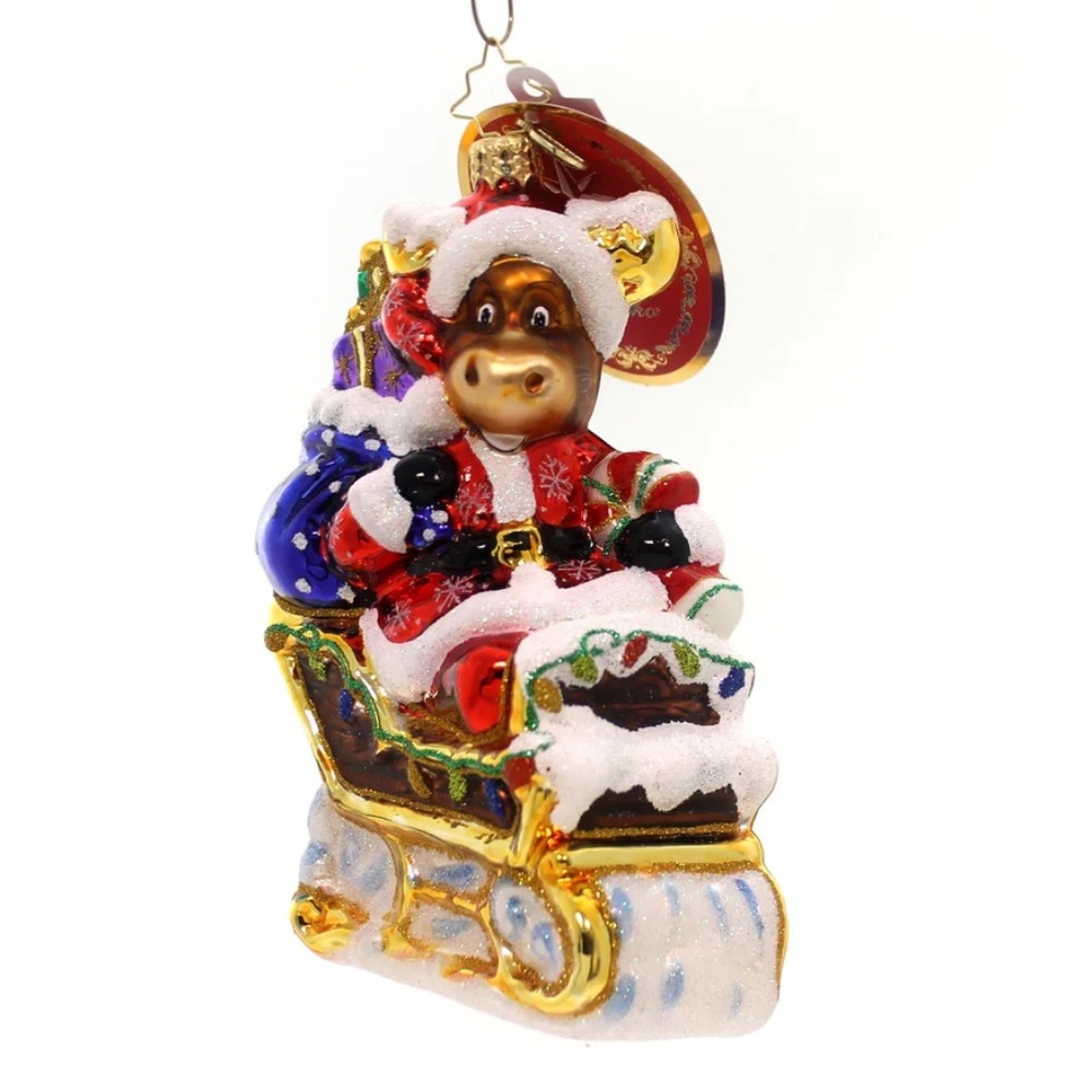 CHRISTOPHER RADKO Glass Christmas ornament Moose/Caribou in a Sleigh